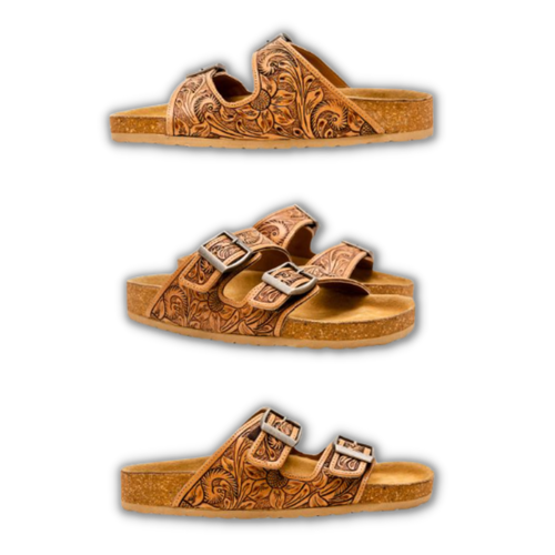 H&S Western Hand Tooled Sunflower Sandals