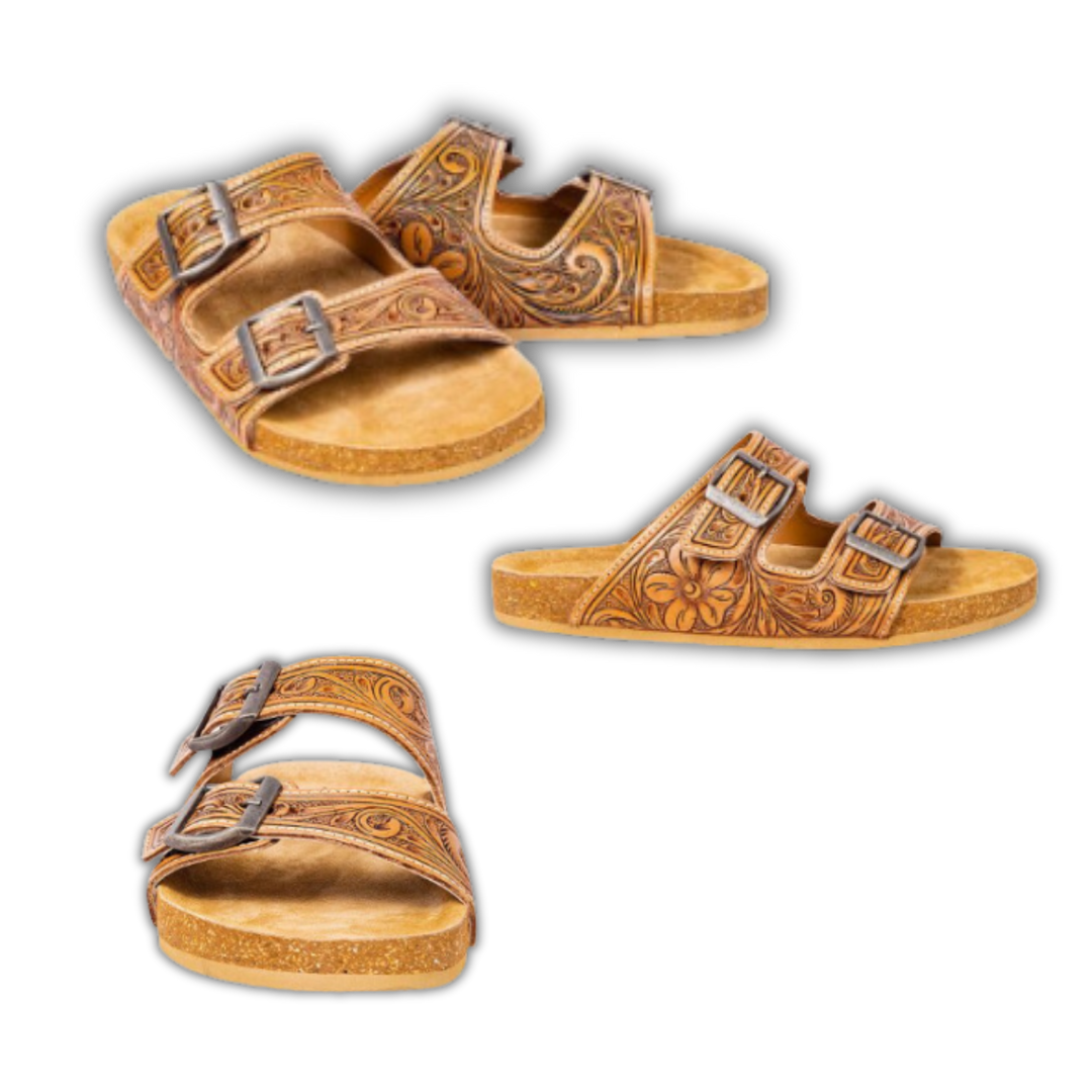 H&S Western Hand Tooled Flower Sandals
