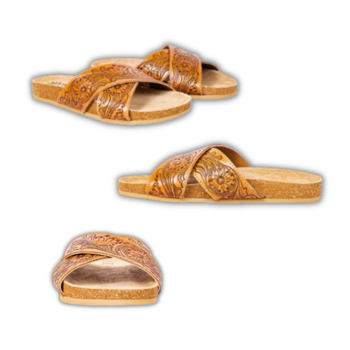 H&S Western Hand Tooled Flower Slides